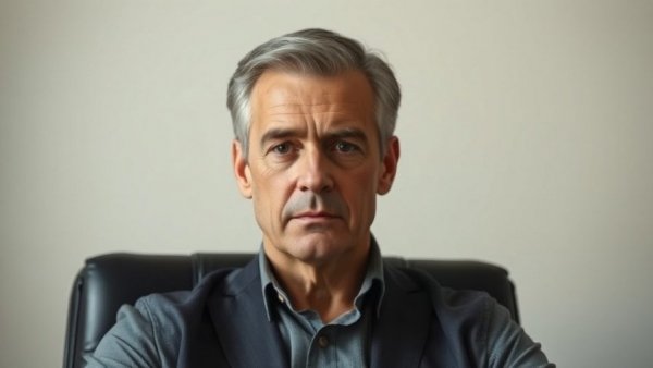 Serious man sitting on a chair with a direct gaze, Bitcoin four-year cycle.