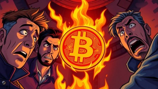 Dramatic cartoon scene with Bitcoin symbol and concerned expressions.