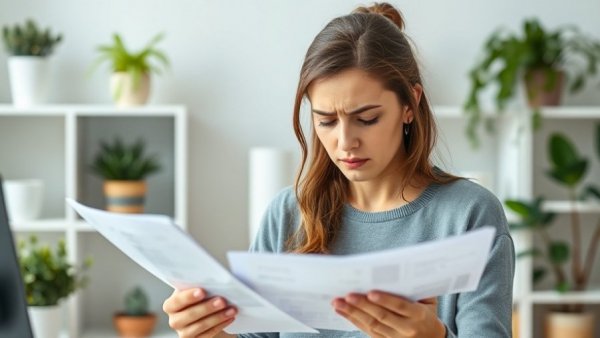 Frustrated woman managing finances in home office, short-term loans and home buying.