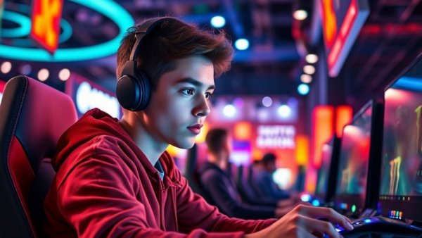 Intense gaming setup at gaming expo event with vivid LED lighting.