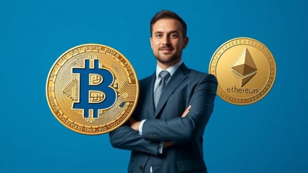 Confident man with Bitcoin and Ethereum, symbolizing people's money, on a blue background.
