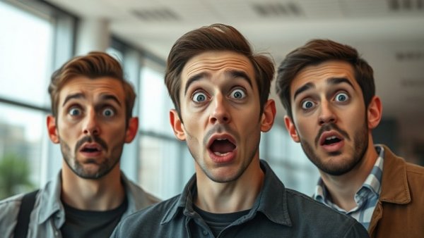 Surprised men reacting indoors, reflecting urgency over Bitcoin news.