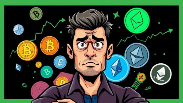 Crypto market analysis concept with concerned man and crypto icons.