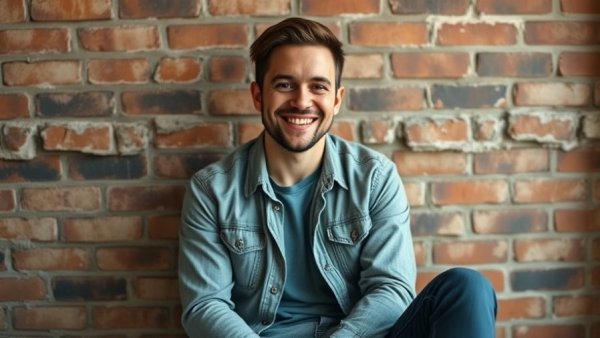 Casual smiling man seated against brick wall, photorealistic.
