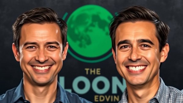 Two men going live with crypto news, dark background, green moon logo.