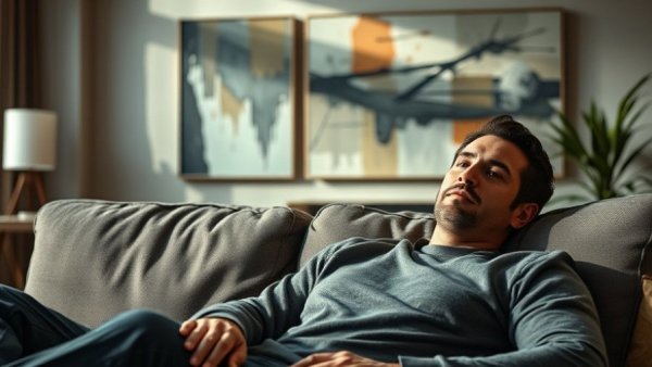 Man with somber expression on couch amid Bitcoin and Ethereum price dips.