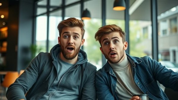 Two young men reacting in a cafe, capturing Bitcoin price crash emotion.