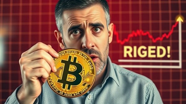 Concerned man with Bitcoin symbol in front of falling chart, Bitcoin price volatility.