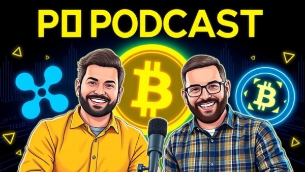 Graphic with XRP and Chainlink logos and podcast hosts.