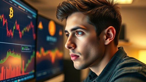 Young man intensely analyzing Bitcoin price trends, Bitcoin Price Analysis.