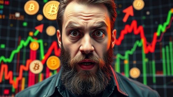 Surprised man with cryptocurrency symbols and stock trends.