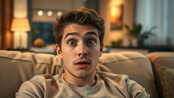 Surprised young man indoors under warm light.