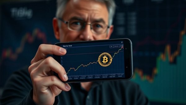 Bitcoin Price Predictions concept featuring man with smartphone and chart.
