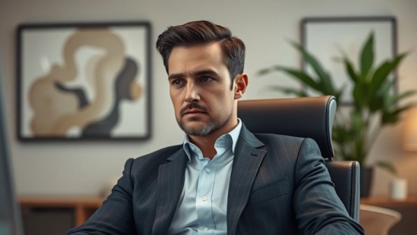 Contemplative man in office regarding Bitcoin manipulation market.