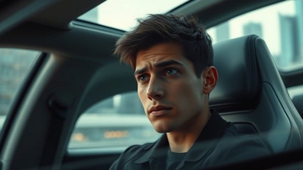 Bitcoin holders worried, anxious man in futuristic car seat with cityscape.