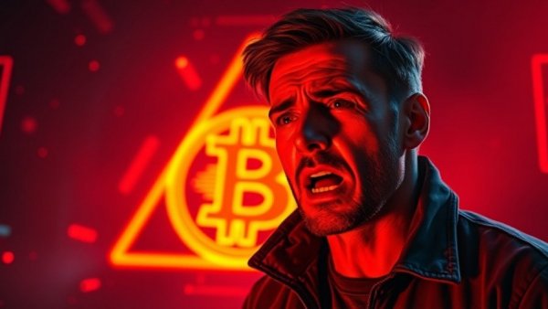 Dramatic crypto warning scene with Bitcoin symbol, alert sign.