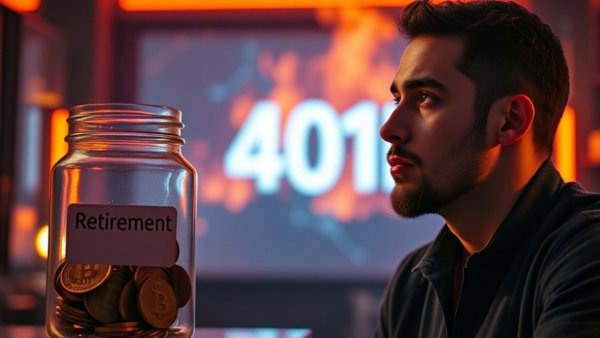 Contemplative man eyeing Bitcoin jar for retirement planning, fiery 401K.