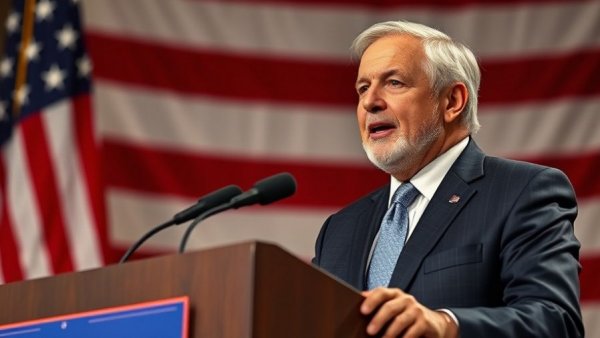 Powell Bitcoin Trading Impact: Man speaking in front of flags.