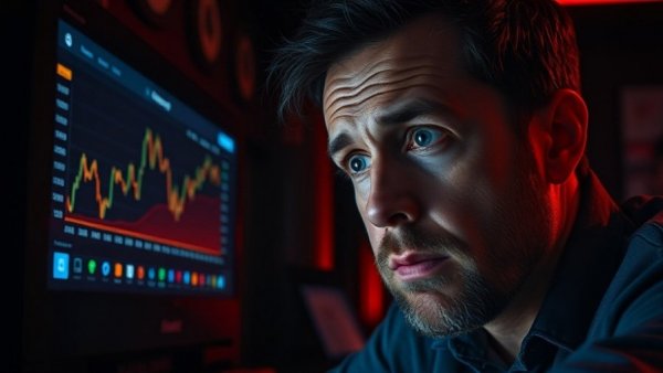 Concerned man studying Bitcoin price prediction in a red-lit room.