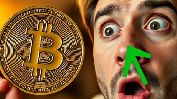 Surprised expression person with Bitcoin logo and upward graph, Bitcoin Price.
