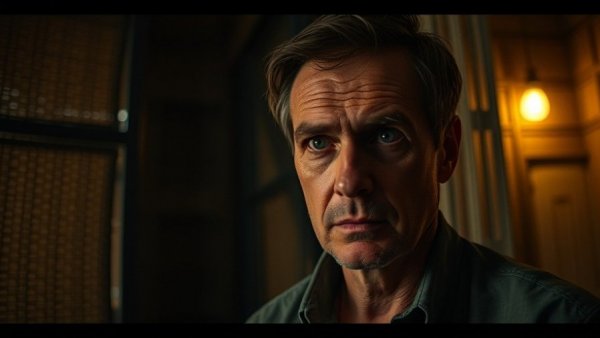 Concerned man pondering over Bitcoin price movements indoors.