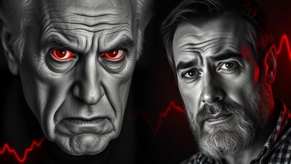 Expressive portraits against Bitcoin backdrop, suggesting tension, Microstrategy crisis theme.