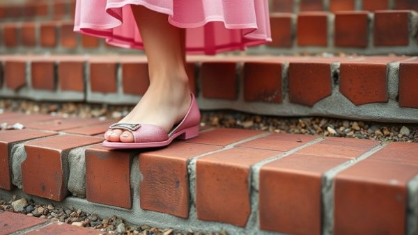 Step into summer with pink Tomy Takkies on rustic steps.