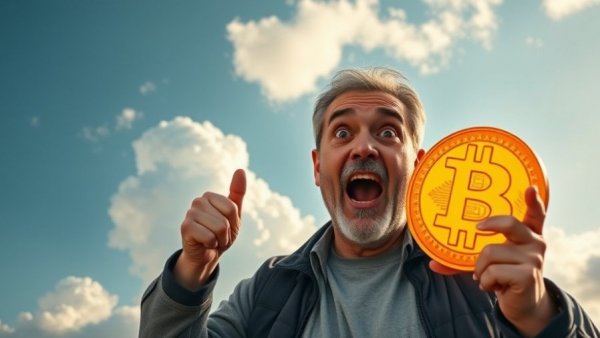 Enthusiastic man predicting Bitcoin rally with glowing Bitcoin symbol in sky.