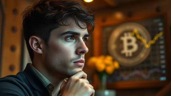 Young man contemplating Bitcoin price trends in a warm setting.