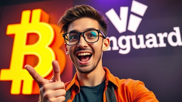 Enthusiastic individual and Bitcoin symbol with Vanguard crypto ETFs theme.