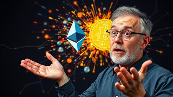 Ethereum overtakes Bitcoin concept with amazed man.