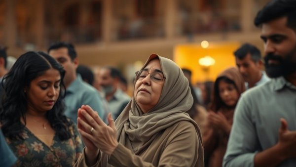 A diverse religious community engaged in focused reflection.