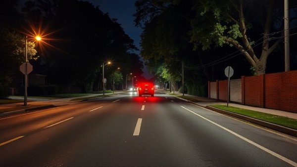 Night street scene with red lights on road in South Africa.