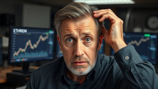 Ethereum Bug Incident: Worried man in office with crashing graph.