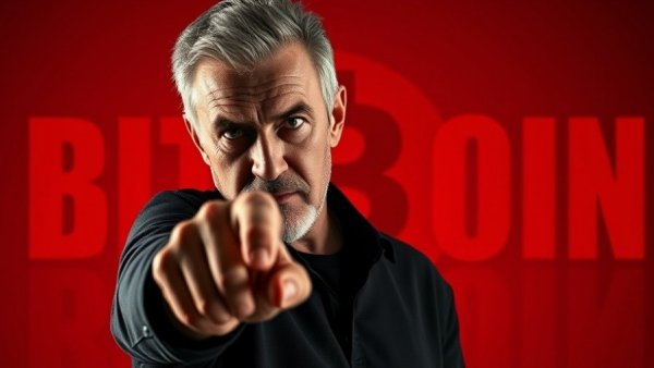 Dramatic scene with man pointing at crossed-out Bitcoin symbol