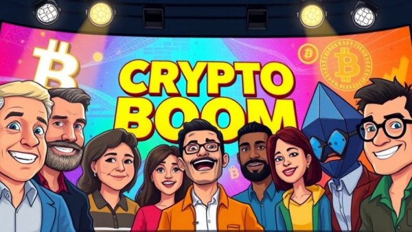 Colorful illustration of men with crypto symbols in a lively news theme.