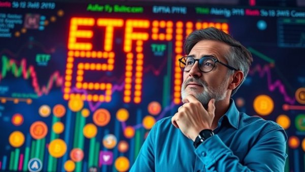 Spot Altcoin ETFs digital montage with symbols and pointing man.