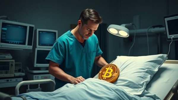 Bitcoin on life support with a concerned man, highlighting XRP investment dilemma.