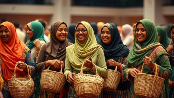 Somali women in traditional attire carrying baskets at cultural event.