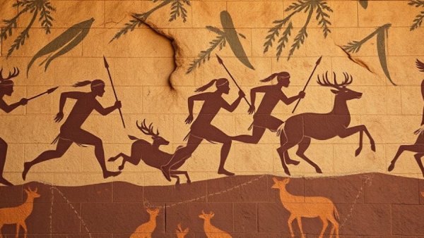 Ancient cave painting of human hunters targeting deer, illustrating early activity.
