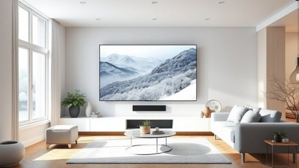 Modern living room with 4K TV upgrade displaying snowy scene.