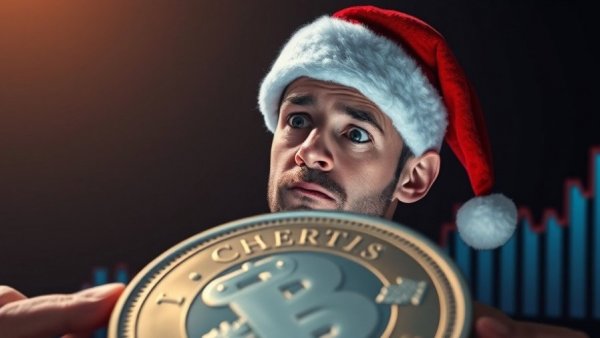 Bitcoin Santa Rally illustration of man in Santa hat with stock chart.
