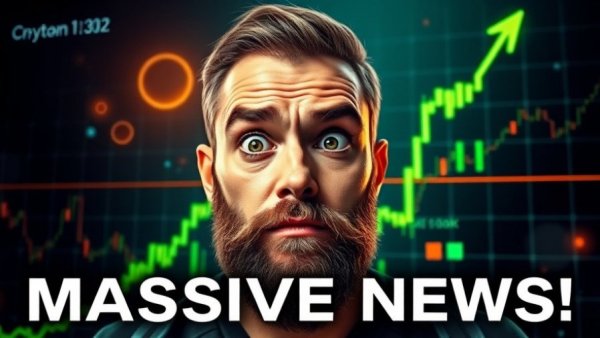 Vibrant crypto market updates graphic with surprised man and trend chart.
