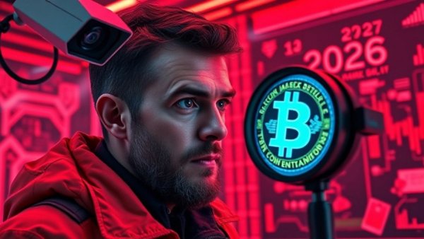 Illustration of 2026 regulation crackdown on crypto markets with Bitcoin and tax symbol.