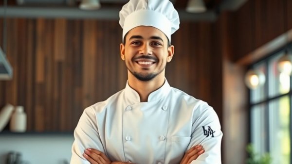 Young chef expressing joy in culinary arts, smiling confidently.