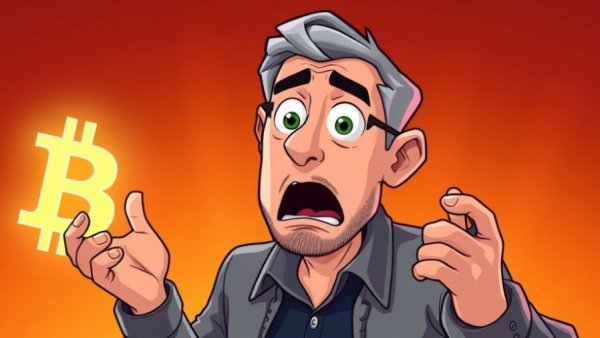 Cartoon man surprised by glowing Bitcoin symbol, vibrant scene.