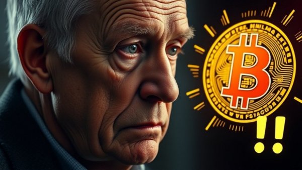 Bitcoin price focus with thoughtful man and bold logo graphic.
