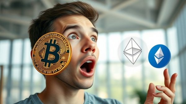 Young man excitedly observing Bitcoin and Ethereum icons, Bitcoin ascending triangle context.