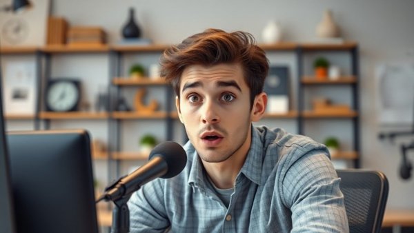 Curious young man surprised at desk with microphone in minimalist office.