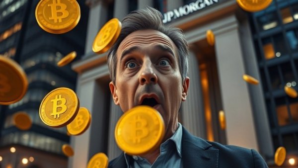 JP Morgan cryptocurrency shift depicted with banker and coins.